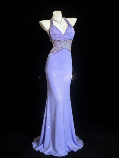 Sparkly Prom Dresses Mermaid Spaghetti Strap Lilac Backless With Beading Long Formal Gown N2958