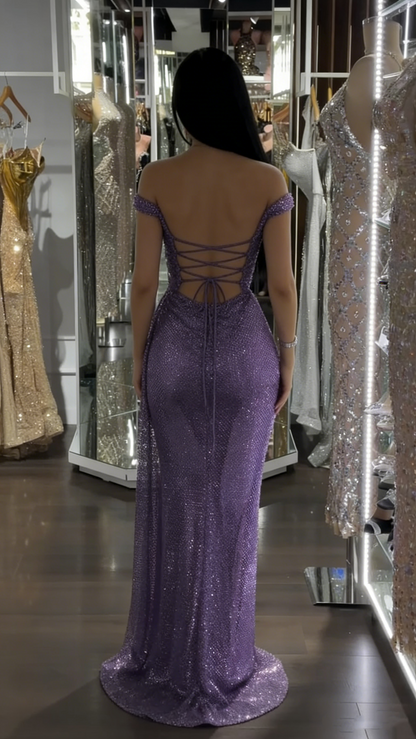 Robe de soirée longue à sequins, épaules dénudées, fente, lilas, style sirène scintillante, idéale pour un bal de promo ou un 18e anniversaire (AB1334)