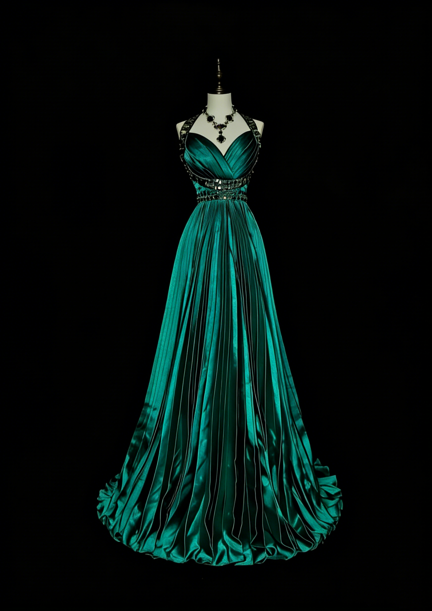 Robe de bal vintage années 70, coupe trapèze, dos nu, en satin vert à volants et perles, sans manches, longue, N1479