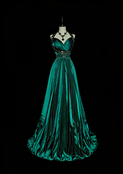 Robe de bal vintage années 70, coupe trapèze, dos nu, en satin vert à volants et perles, sans manches, longue, N1479