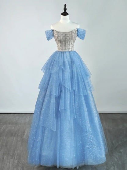 Robe de bal princesse à épaules dénudées en tulle bleu, tenue de soirée pour le lycée, robe de fin d'année pour adolescentes N1347
