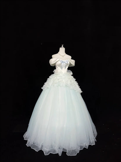 Tulle Prom Dress Long Floor Length Ball Gown Off Shoulder With Bow-knot Formal Evening Gown For Women RC0246