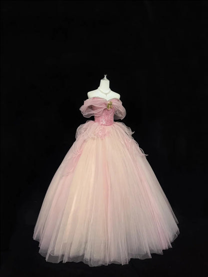 Sweet 15 Quinceanera Dress Ball Gown Off Shoulder Blush Pink With Sleeves Long 15th Birthday Gown RC0323