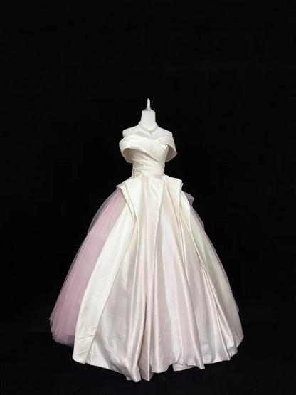 Langes schulterfreies Ballkleid für den 16. Geburtstag mit Ärmeln aus rosa Tüll, RC0339
