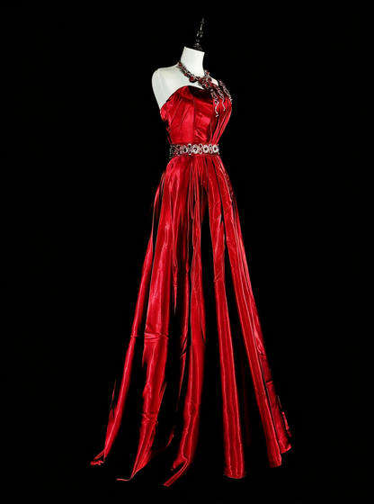 Vintage A Line One Shoulder Red With Beadings Long Prom Gown Party Wear Fashion Dresses N1825