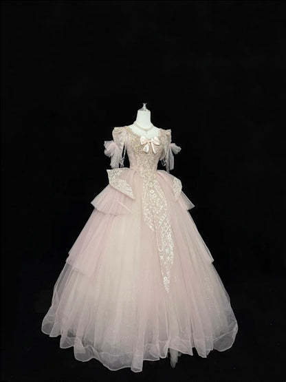 Langes Ballkleid für Sweet 16, eckiger Ausschnitt, Pink mit Spitzenapplikationen, Geburtstagskleid für Sweet Sixteen RC0325