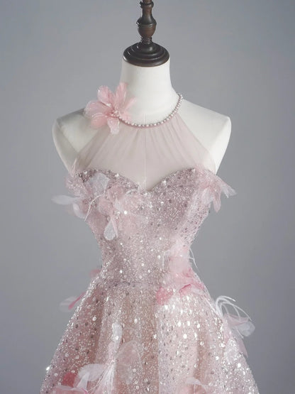 Robe de bal rose à sequins, coupe trapèze, col rond, inspiration princesse, modèle N758
