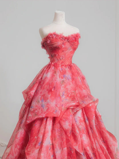 Robe de bal romantique rose à fleurs en mousseline, longue robe de soirée formelle, robe d'anniversaire formelle, robe de bal N727