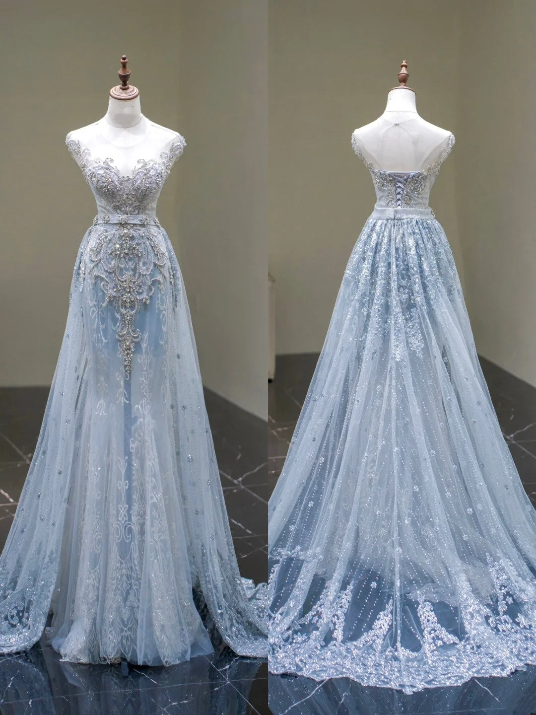 Modest Mermaid Scoop Light Blue Sequined Tulle Long Prom Dress For Women Girls Evening Dresses N670