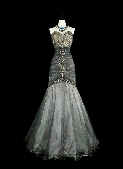 Esthétique Robes de Bal Vintage Années 50 Rétro Sirène Cœur Robe de Soirée Longue Grise N2022
