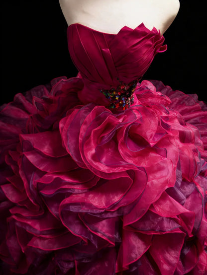 Robes de bal de promo modestes bustier en organza rose vif avec des couches longue robe de Quinceañera N3054