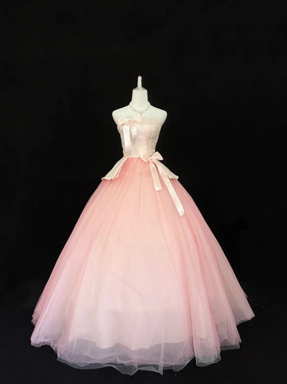 Cute Sweet 16 Dresses Long Ball Gown Strapless Blush Pink Tulle Formal Sweet Sixteen Birthday Gown RC0253