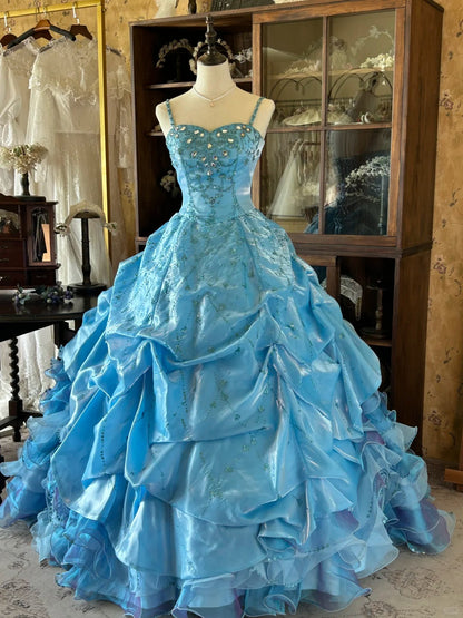 Vintage Ballkleid Spaghettiträger Blau Mit Lagen Stufen Sweet 16 Kleider Lang 15 Vestidos De Fiesta N2264