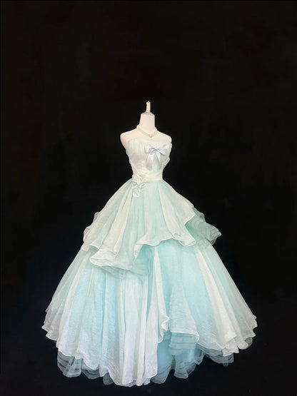 Sweet 15 Quinceanera Dress Ball Gown Strapless Mint Green Blue With Bow-knot Tulle 15th Birthday Gown RC0242