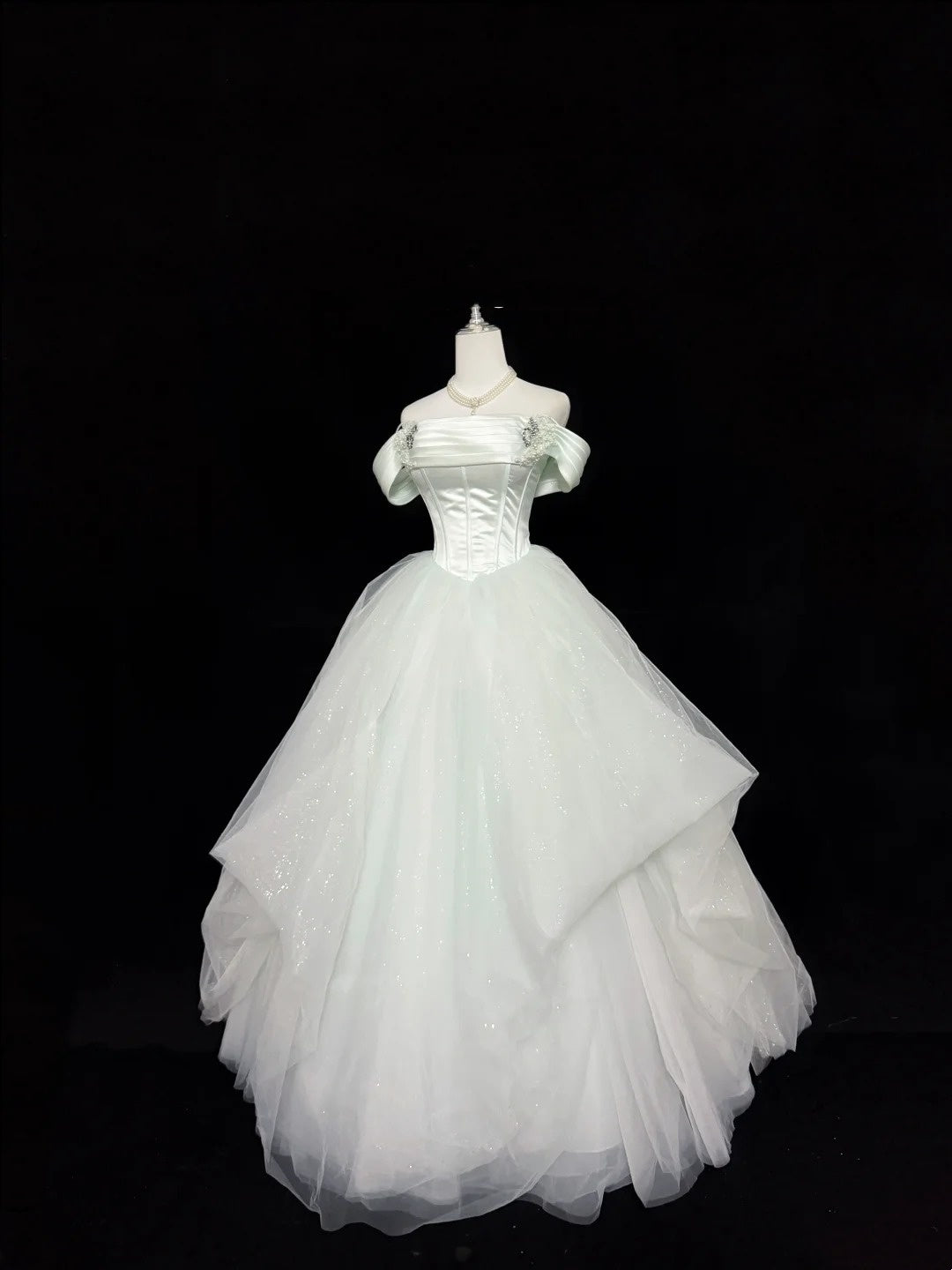 Prom Dress Long Floor Length Ball Gown Off Shoulder Tulle Sage Green With Sleeves Formal Evening Gown For Women RC0305