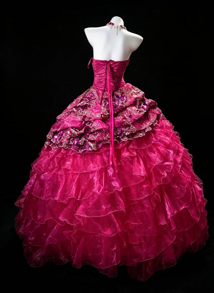 Robe de bal de princesse bustier rose vif à volants superposés avec fleurs Robes Douces 16 Robe de Quinceanera N4187