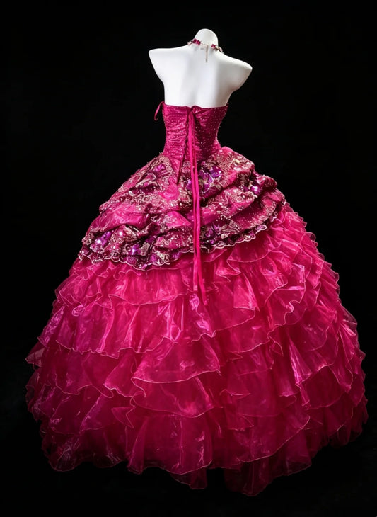 Prinzessin Ballkleid Trägerlos Hot Pink Geraffte Lagen Gestuft Mit Blumen Sweet 16 Kleider Quinceanera Kleid N4187