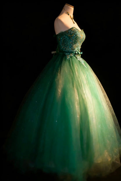 Bescheidene Ballkleider für den Abschlussball, trägerlos, aus grünem Tüll mit Perlen, langes Quinceañera-Kleid N2975
