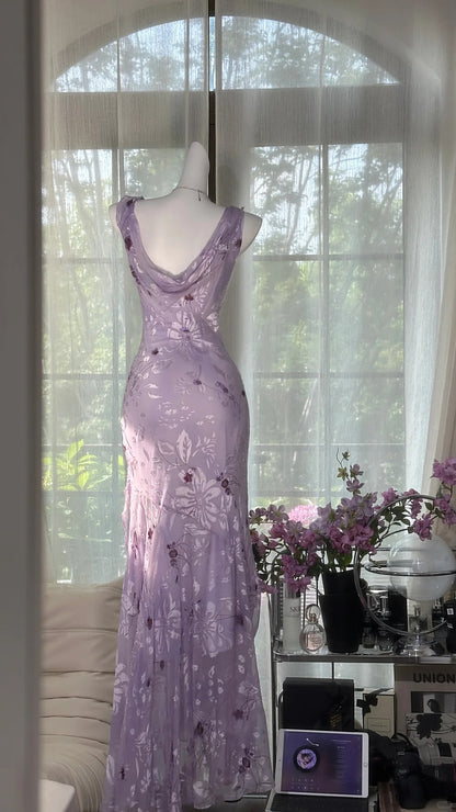 Bescheidene Ballkleider Meerjungfrau Wasserfallausschnitt Flieder Blumen Chiffon Ärmellose Abendoutfits N3582