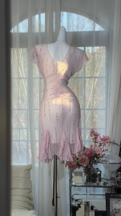 Robe courte en mousseline rose coupe droite à col en V, mignonne, idées pour un 16e anniversaire, tenues de bal de promo N3540
