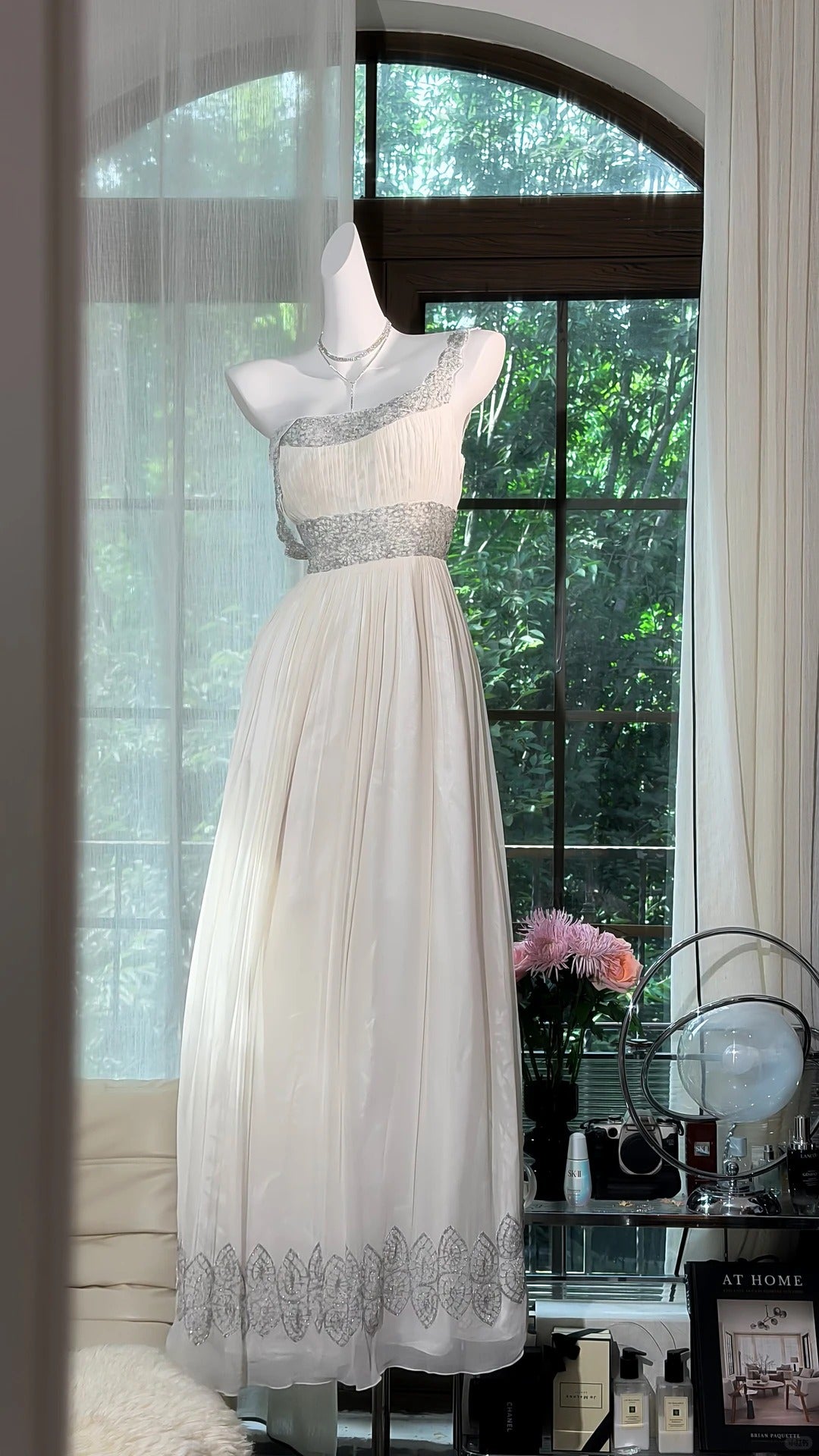 Vintage A line Square Neck White Chiffon With Beading Long Prom Dress Formal Outfits Party Dresses RB7559