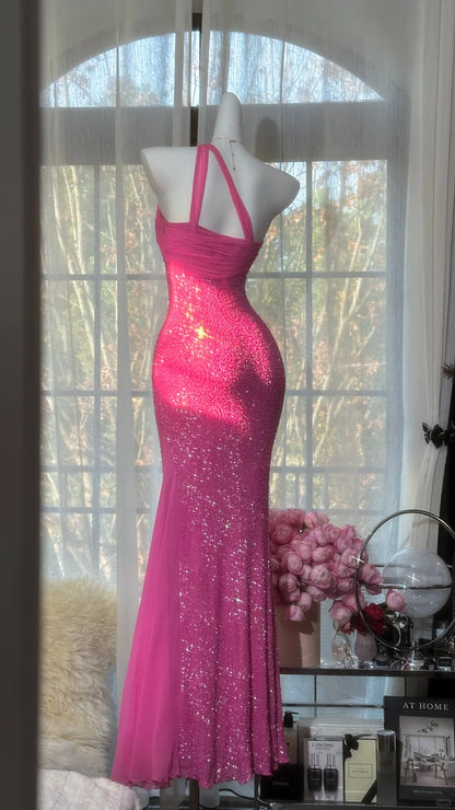 Robes de bal modestes sirène asymétrique en mousseline de soie rose longues tenues de soirée N3556