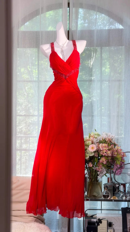 Sparkly Mermaid Straps Sweetheart Red Chiffon With Beading Prom Dress Formal Outfits Party Dresses RB7567