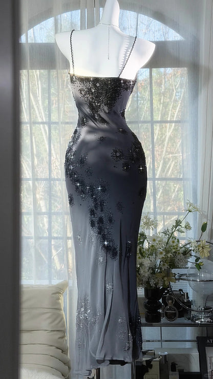 Ravissantes Robes de Bal Sirène à Bretelles Fines, en Mousseline Noire, Longueur Thé, Tenues de Soirée N3555