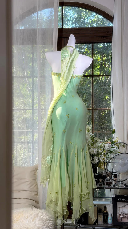 Classic Mermaid Halter Green Chiffon With Scarf Ankle Length Prom Dresses Inspo Formal Outfits RB4511