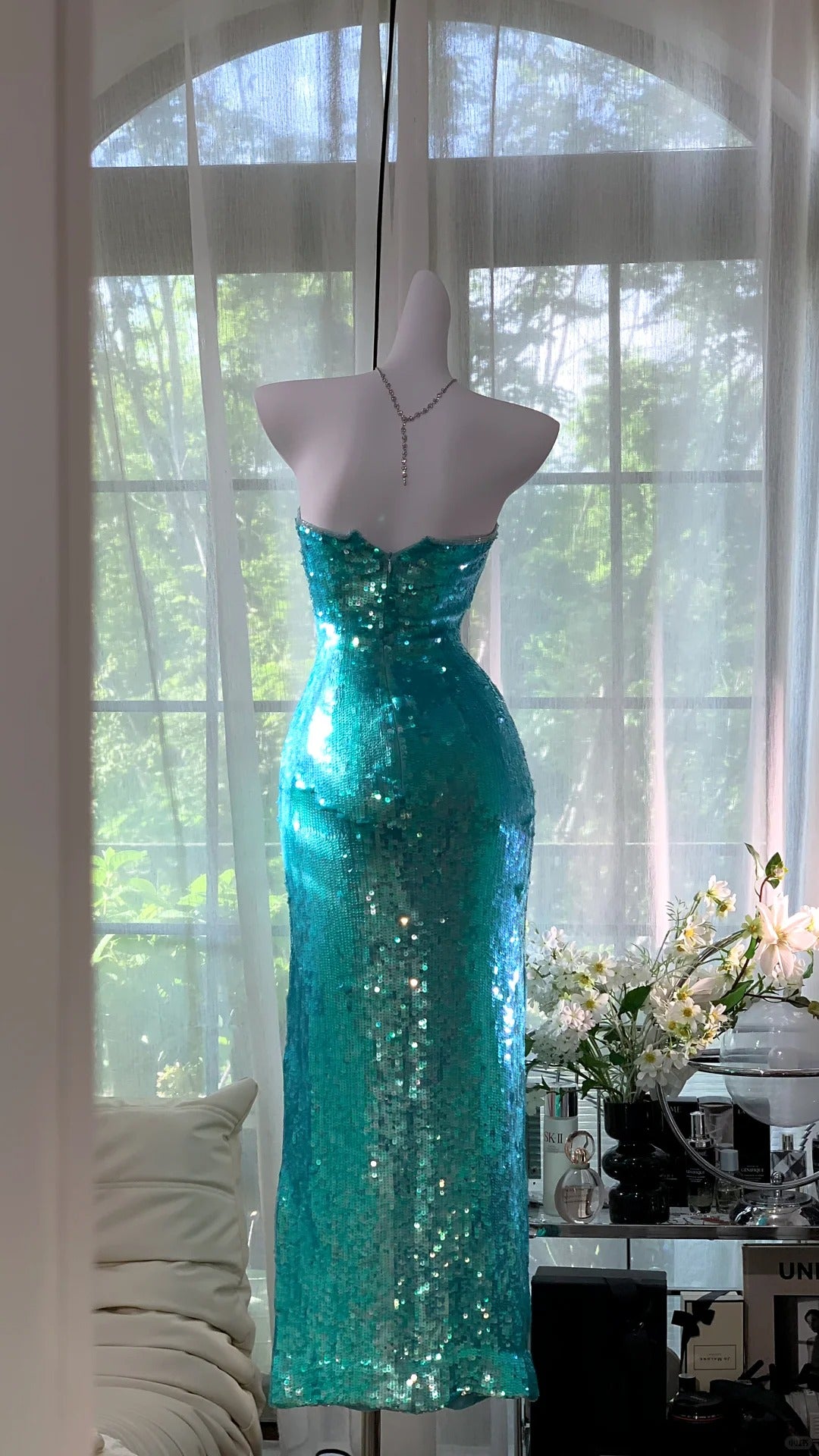 Belles robes de bal sirène bustier bleu pailleté longueur cheville tenues de soirée N3564