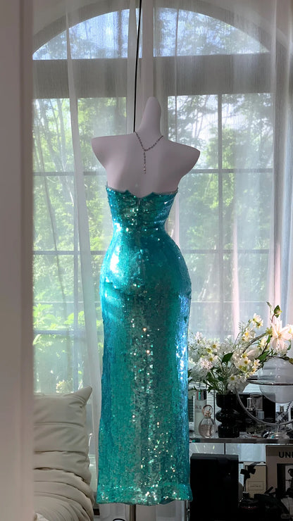 Belles robes de bal sirène bustier bleu pailleté longueur cheville tenues de soirée N3564