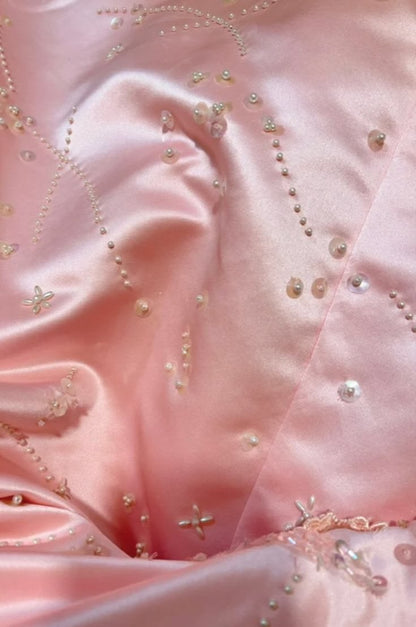 Elegantes, ärmelloses, trägerloses, langes, rosafarbenes Ballkleid mit Perlenbesatz, A-Linie, Modell N588