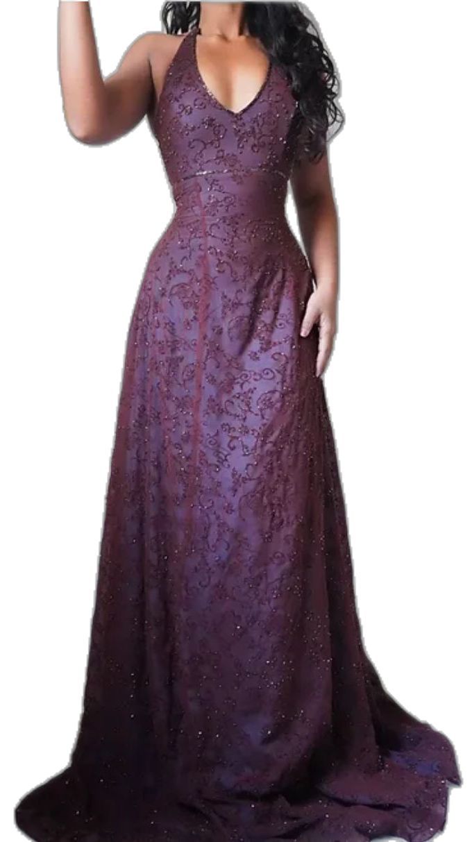 Vintage Meerjungfrauen-Abendkleid aus lila Spitze mit Neckholder, langes Abendkleid, Ballkleid AB326