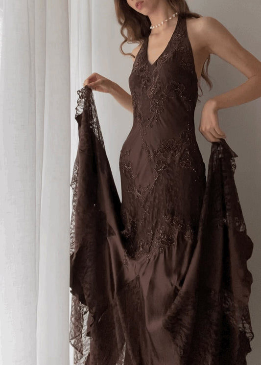 Vintage A Line Halter Brown Lace Long Prom Dresses Evening Formal Gown AB959