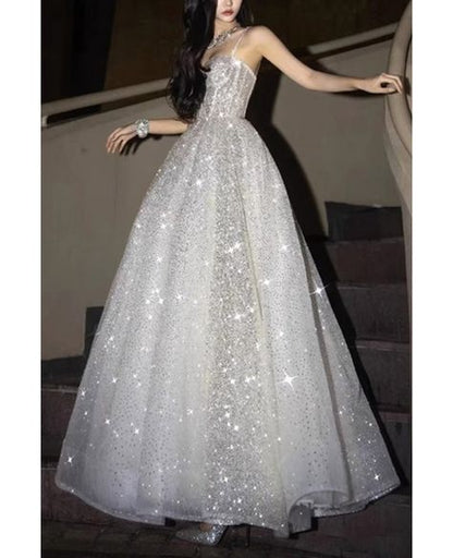 Langes, silbernes Ballkleid mit Strassbesatz und Trägern (AB963)