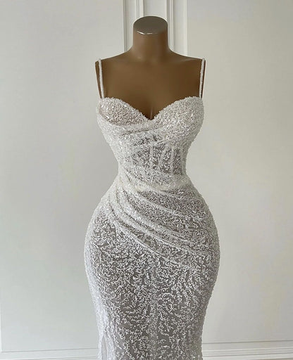 Klassisches Meerjungfrauen-Brautkleid für Damen mit Herzausschnitt, Spaghettiträgern und Schleppe AB982