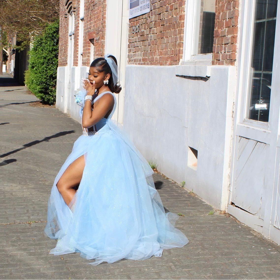 Ballkleid, Abiballkleid, Damen, Hellblau, Tüll, Lang, Formell, Tanz, Abendkleid, Partykleid AB1714