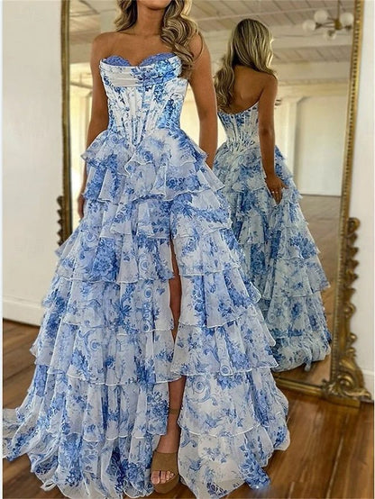Robe de bal longue trapèze élégante style princesse florale sans manches et bustier, en mousseline imprimée de fleurs N1861