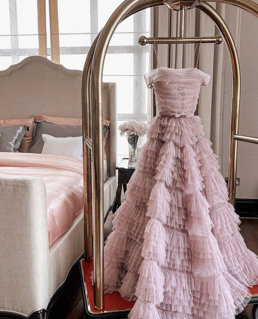 Märchenhaftes, trägerloses, rosa gestuftes Tüll-Abendkleid, langes Ballkleid, Sweet 15/16 Kleid AB1752
