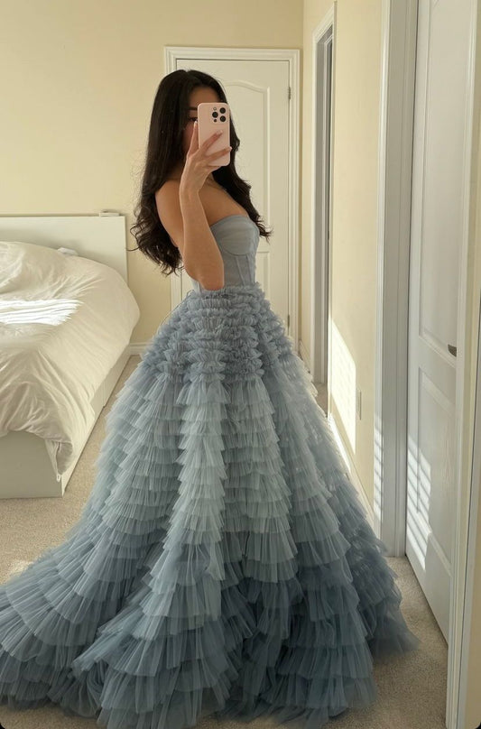 Ball Gown Sweetheart Tiered Ruffled Tulle Long Prom Dress Evening Dress Sweet 15 16 Gown AB1754