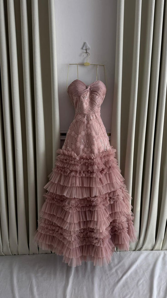 Ball Gown Sweetheart Tiered Ruffled Tulle Long Prom Dress Pink Evening Dresses Sweet 15 16 Gown AB1755