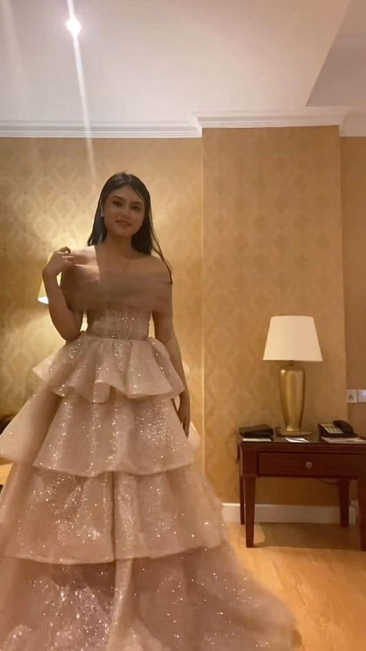 Ball Gown Off The Shoulder Tiered Ruffled Pink Long Prom Dress Evening Dresses Sweet 15 16 Gown AB1765