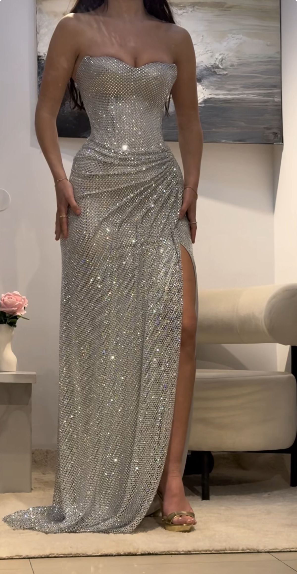 Glam Mermaid Strapless Silver Sequin Long Prom Dresses Evening Long Slit Formal Dress RB3809