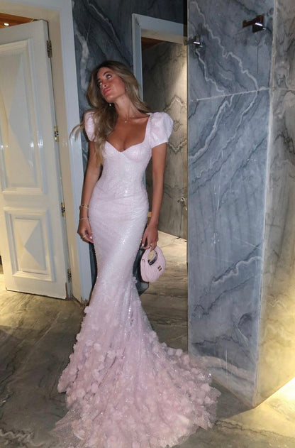 Robe de bal longue sirène rose à sequins et manches courtes bouffantes, décolleté cœur, idéale pour un 18e anniversaire (N278)