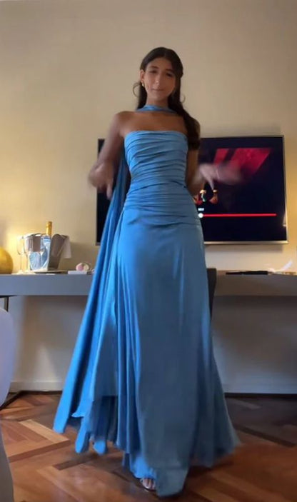 Elegantes, trägerloses, blaues A-Linien-Abendkleid, langes Kleid AB1551