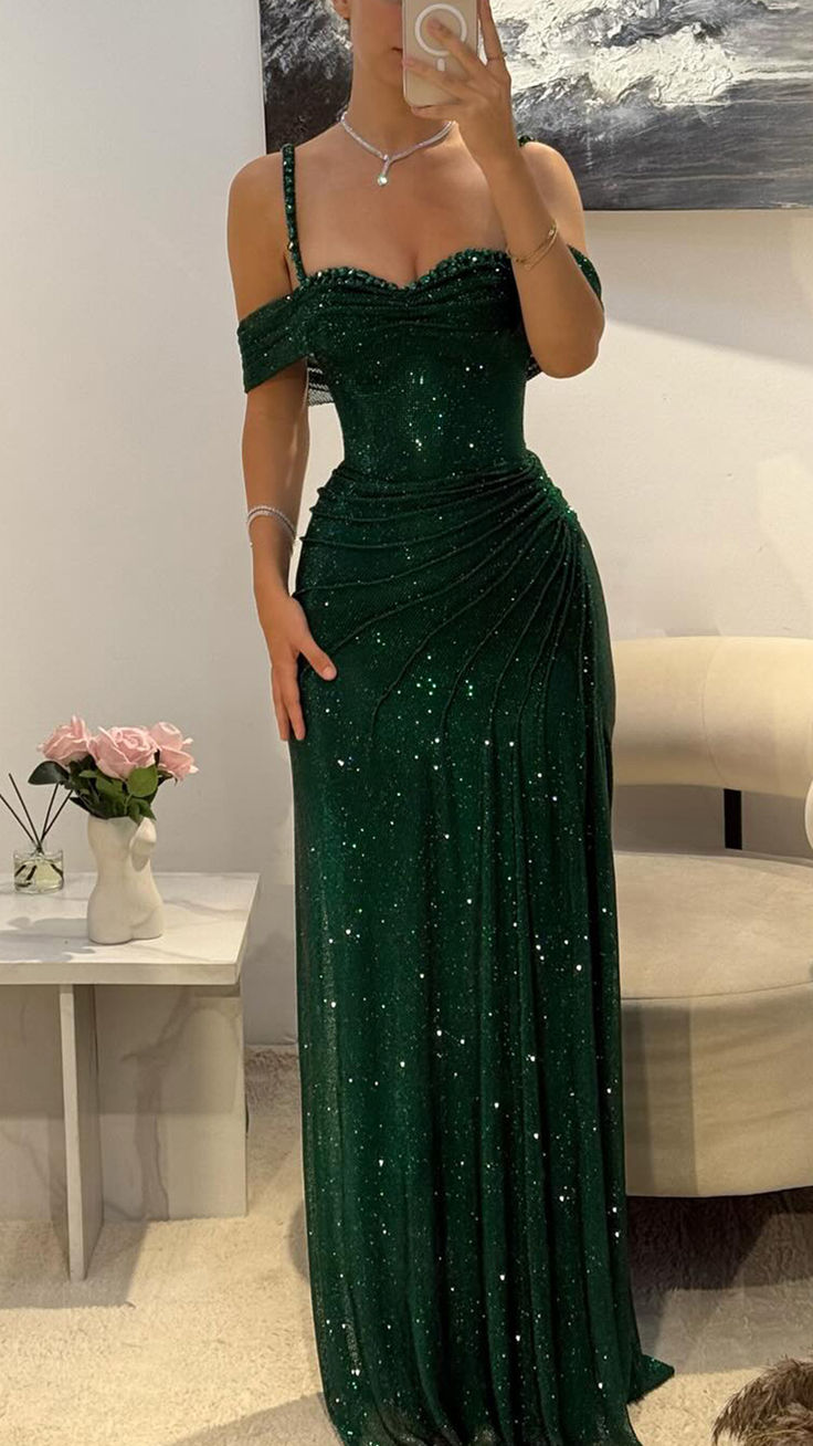 Glitzerndes, plissiertes Etuikleid mit Herzausschnitt und Trägern, langes Abendkleid AB1582
