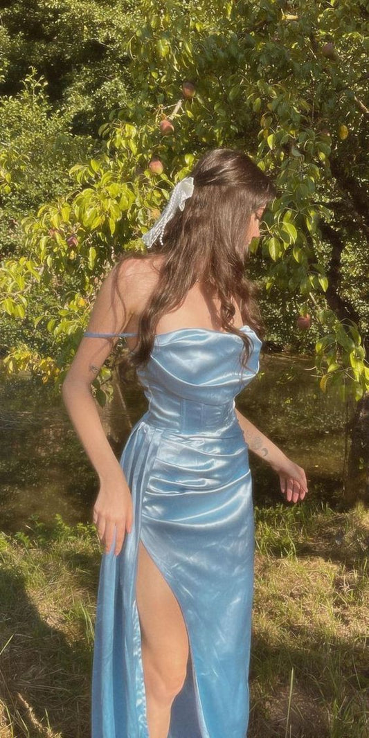 A Line Spaghetti Straps Silk Satin Slit Long Prom Dress AB1574