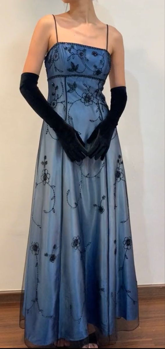 Vintage Abschlussballkleider A-Linie Spaghettiträger 90er ärmellos Gradient Blau Abendkleid Festliches Kleid RB3014