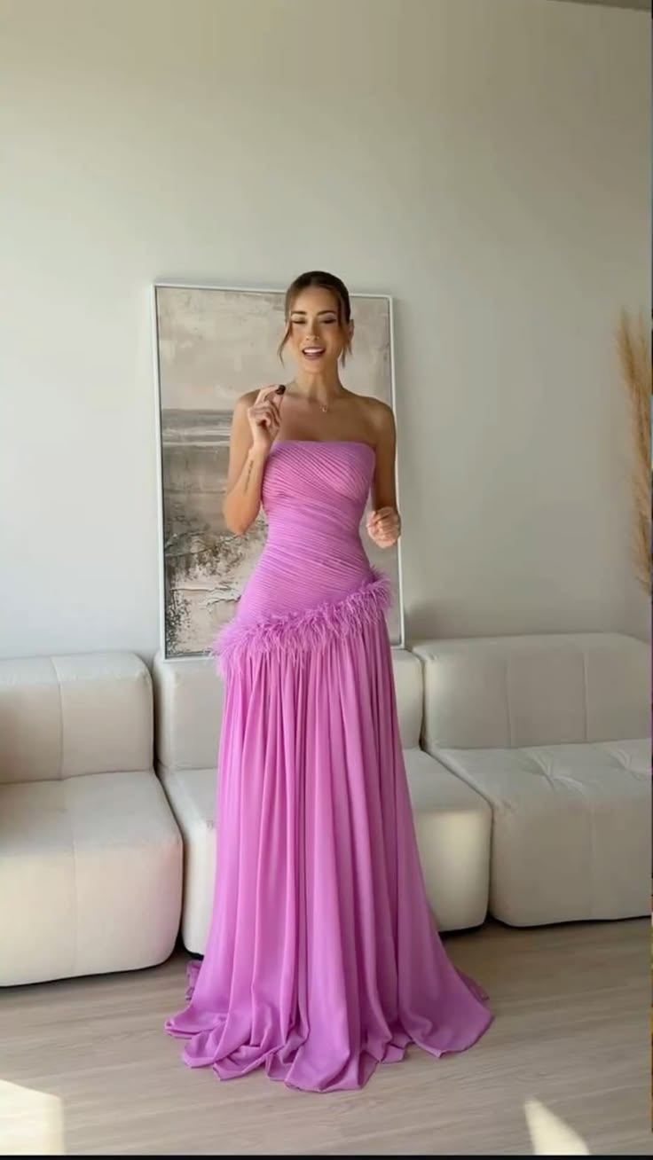 Pink Prom Dresses Inspiration Mermaid Strapless Chiffon Pleated Evening Gown Long Gala Formal Dress RC1481