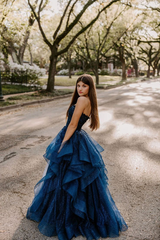 Elegantes Ballkleid mit Herzausschnitt, marineblau, aus Tüll, langes Abendkleid AB475